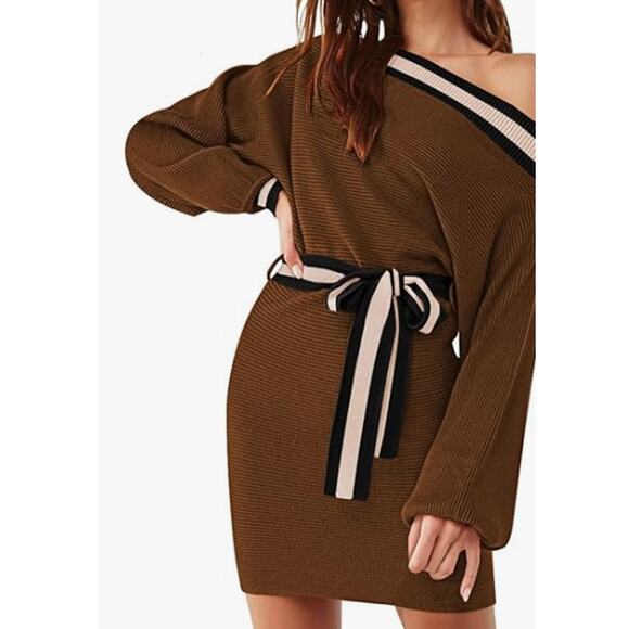 Off the Shoulder Boat Neck Contrast Long Sleeve Knit Belted Sweater Dress Size M - Picture 1 of 14